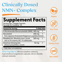 Doctor's Best NMN+ Complex ingredient panel shows NMN and adaptogens