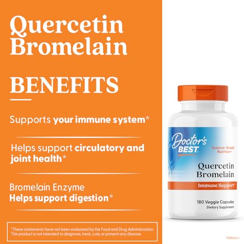 Doctor's Best Quercetin Bromelain bottle label notes non-GMO vegan and gluten-free.