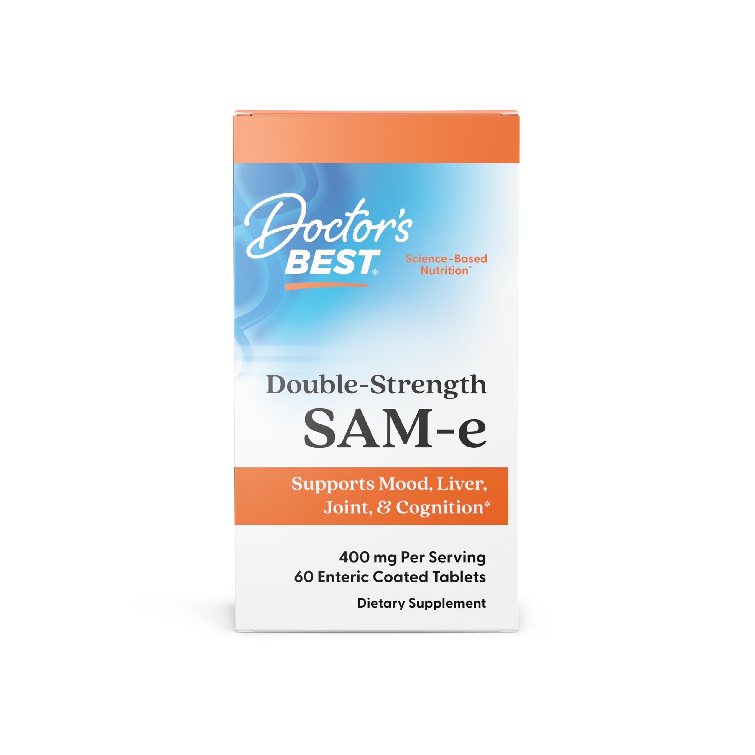 Doctor's Best SAM-e 400 bottle on table with enteric coating for stomach-safe delivery.