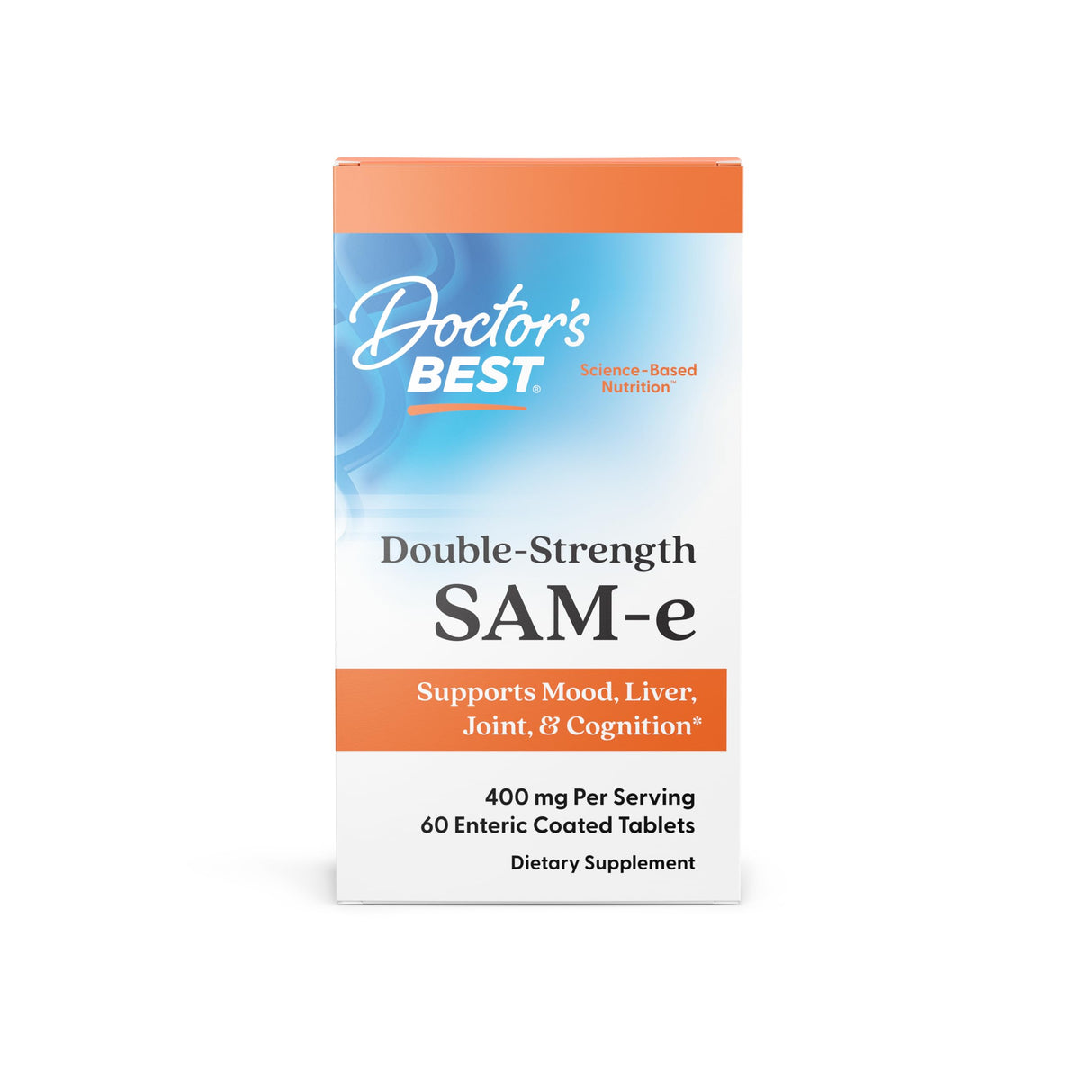 Doctor's Best SAM-e 400 bottle on table with enteric coating for stomach-safe delivery.