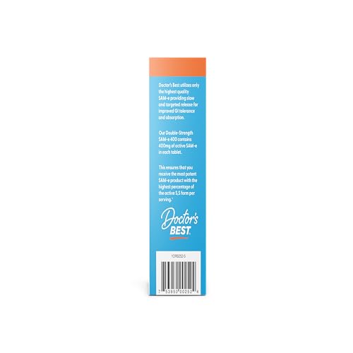 Doctor's Best SAM-e 400 vegan gluten-free icons on packaging.