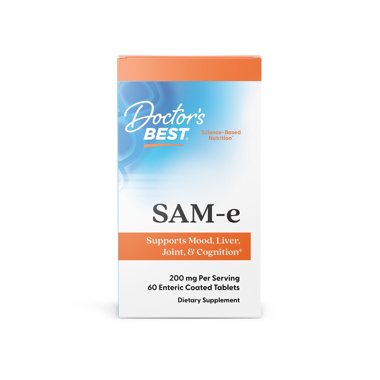 Doctor's Best SAM-e mood bottle pour shows easy daily mood and joint support