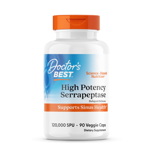 Doctor's Best Serrapeptase bottle front shows high potency 120,000 SPU for daily support.