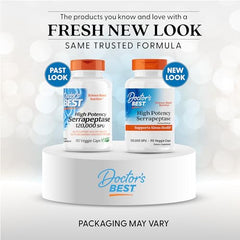 Doctor's Best Serrapeptase capsules closeup showing vegan, non-GMO capsules for everyday wellness.