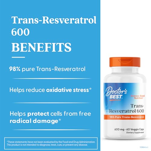 Doctor's Best Trans-Resveratrol capsules close-up highlights vegan, non-GMO formula