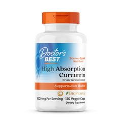 Doctor's Best Turmeric Curcumin bottle pouring capsules for joint support.