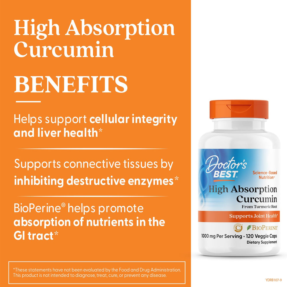 Close-up of Doctor's Best Turmeric Curcumin capsules showing vegan formula.
