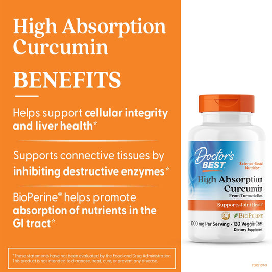 Close-up of Doctor's Best Turmeric Curcumin capsules showing vegan formula.