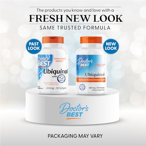 Doctors Best Ubiquinol bottle label shows 200 mg per softgel for daily use