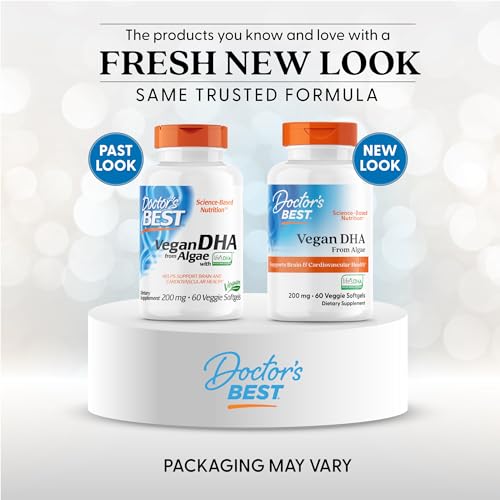 Doctor's Best DHA bottle back label shows gluten-free, non-GMO, vegetarian formulation.