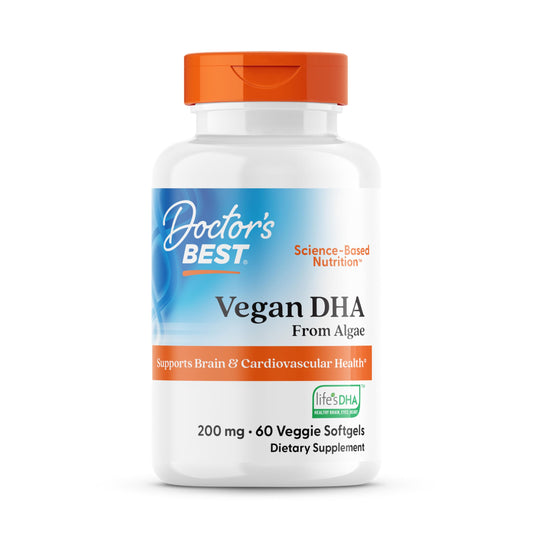 Doctor's Best Vegan DHA algae bottle front highlights plant-based omega-3 for brain support.