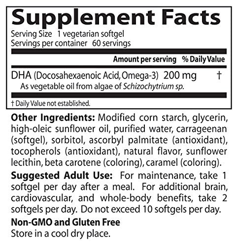 Box packaging displays vegan, non-GMO DHA derived from algae.