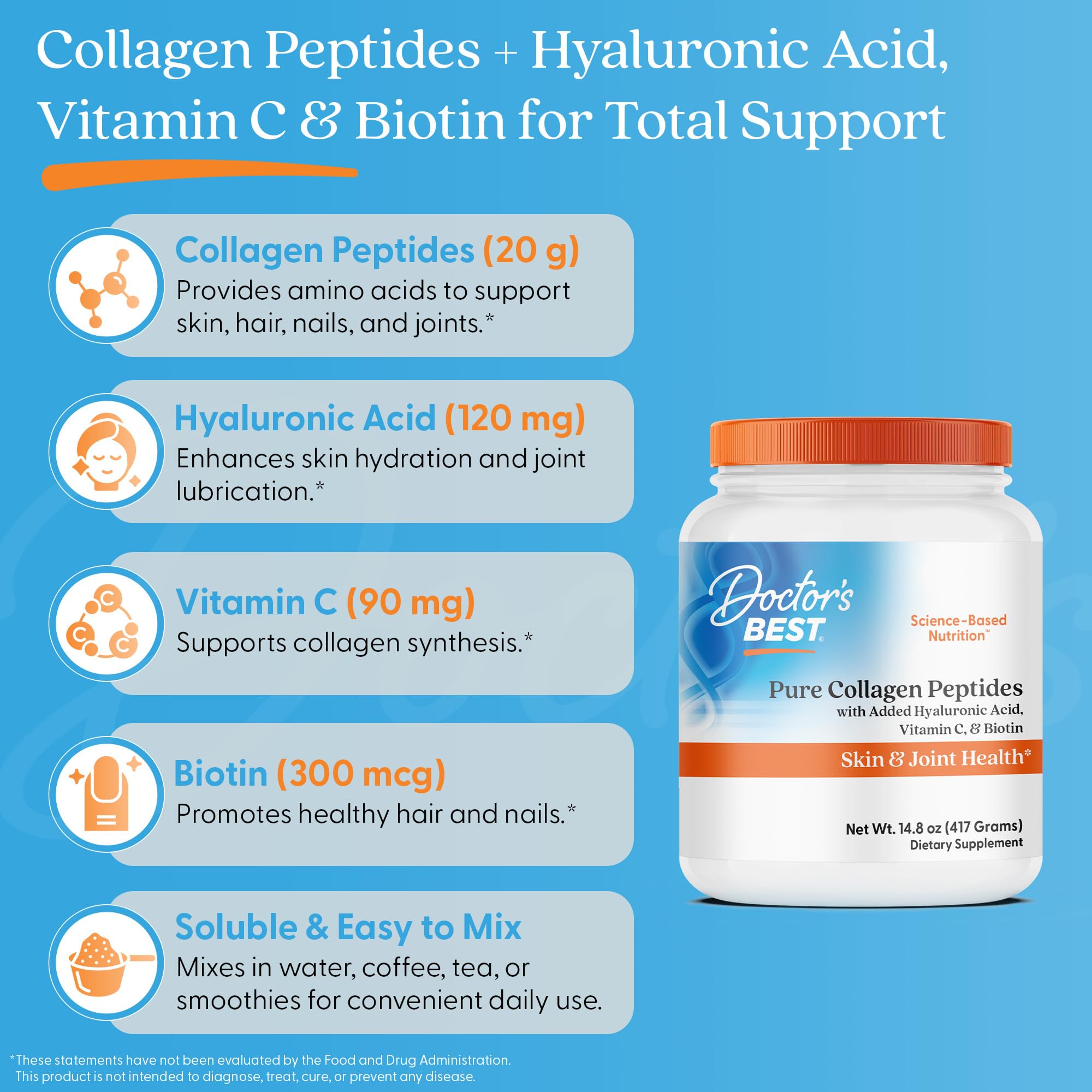 Doctor's Best vitamin C per serving highlight for daily collagen support.