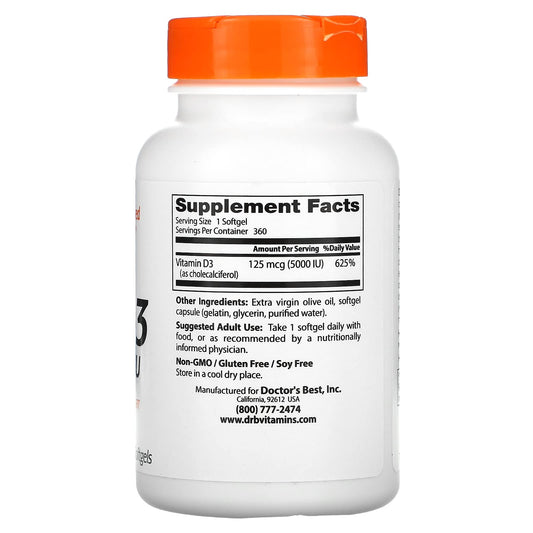 Doctor's Best Vitamin D3 bottle pour shows convenient daily immune support