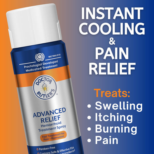 Doctor Butler's Advanced Relief spray close-up showing no-touch application