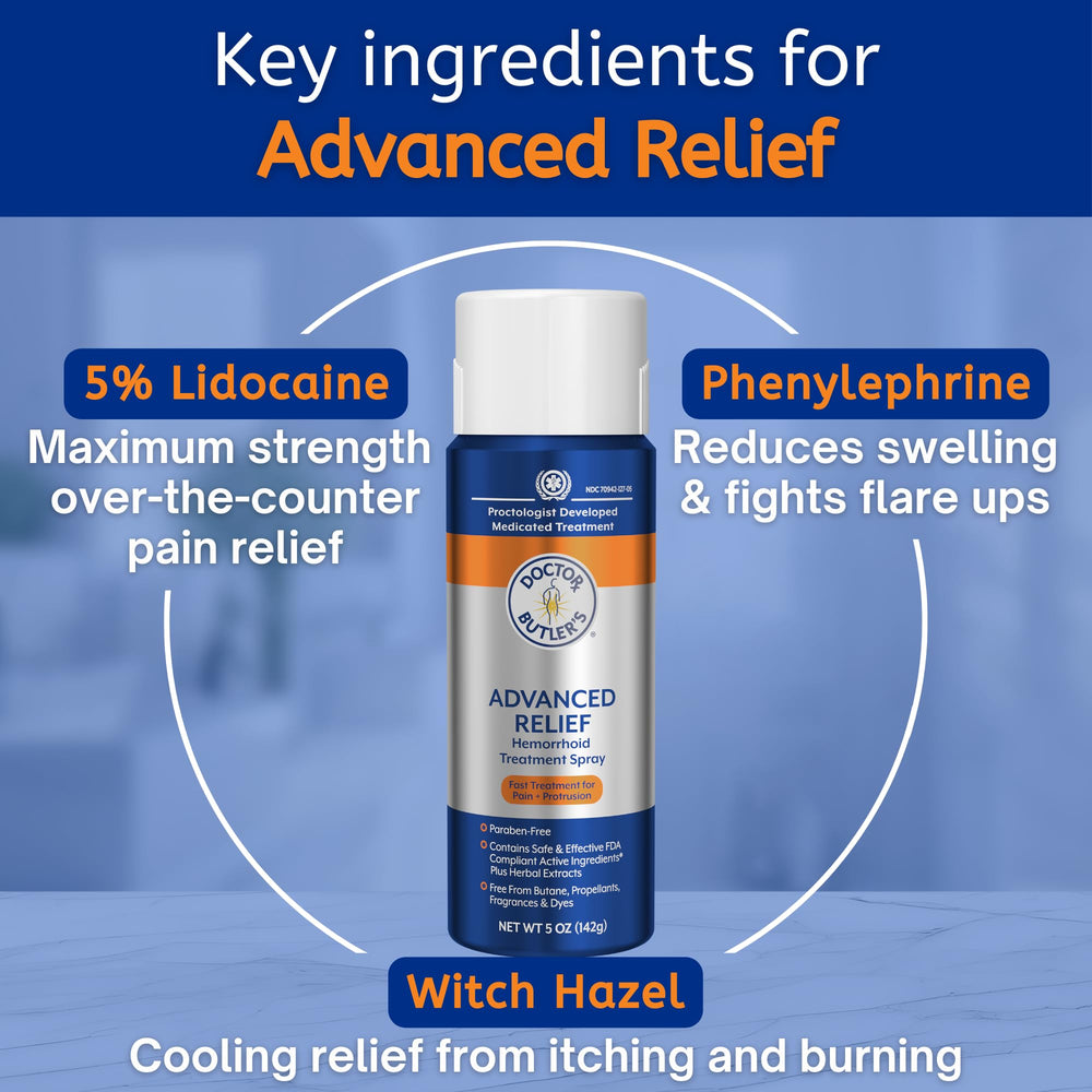 Doctor Butler's Advanced Relief spray ingredients label emphasizes witch hazel and lidocaine