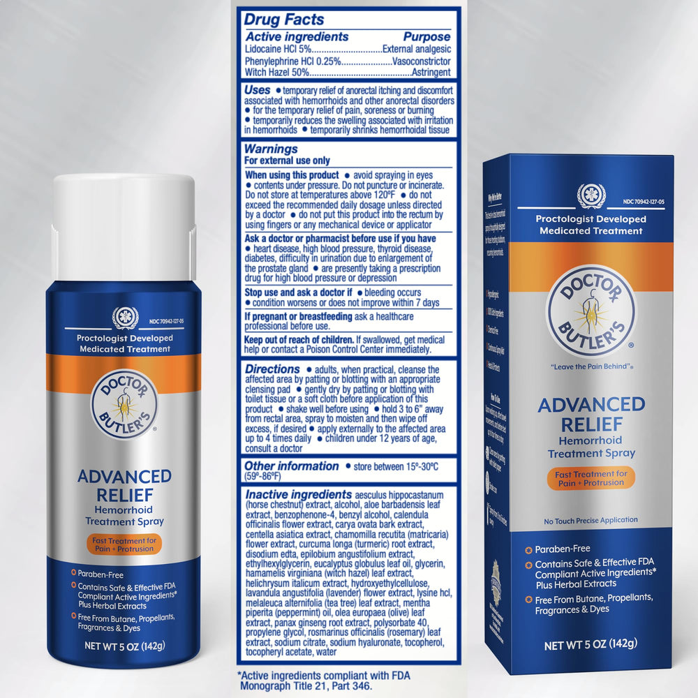 Doctor Butler's Advanced Relief spray on a bathroom shelf suggests easy access