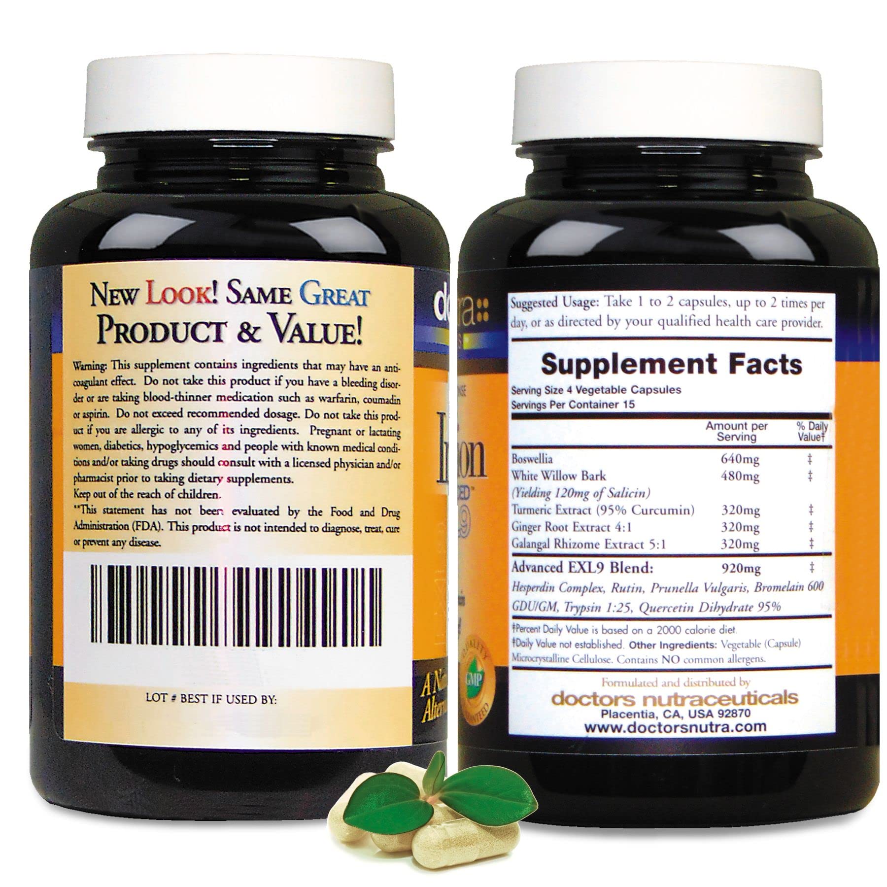 Close-up of Doctors Nutra InflamEzze bottle with capsules ready for use.