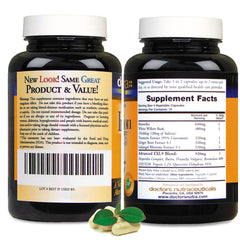 Close-up of Doctors Nutra InflamEzze bottle with capsules ready for use.