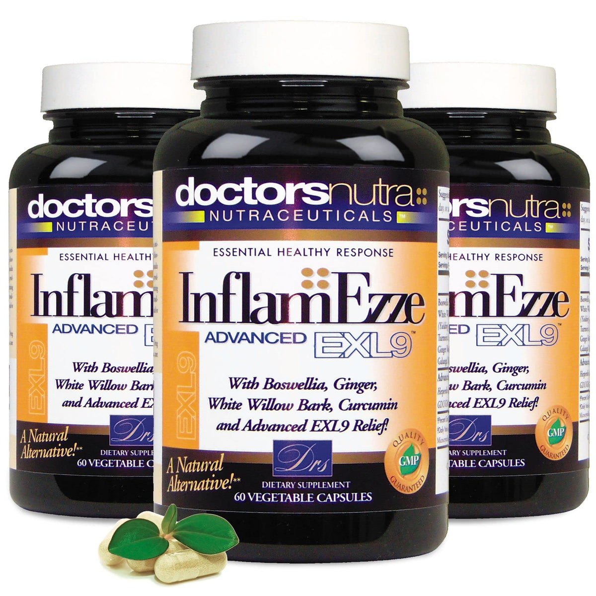 Doctors Nutra InflamEzze 3-bottle pack on a shelf for daily wellness.