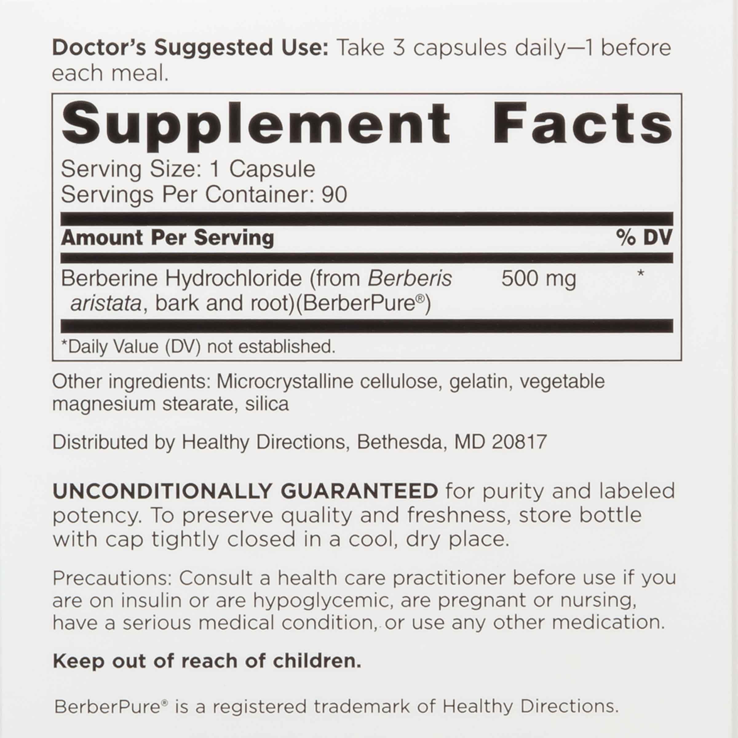 Close-up of Berberine Clinical Grade label highlighting 1,500 mg daily dosage.