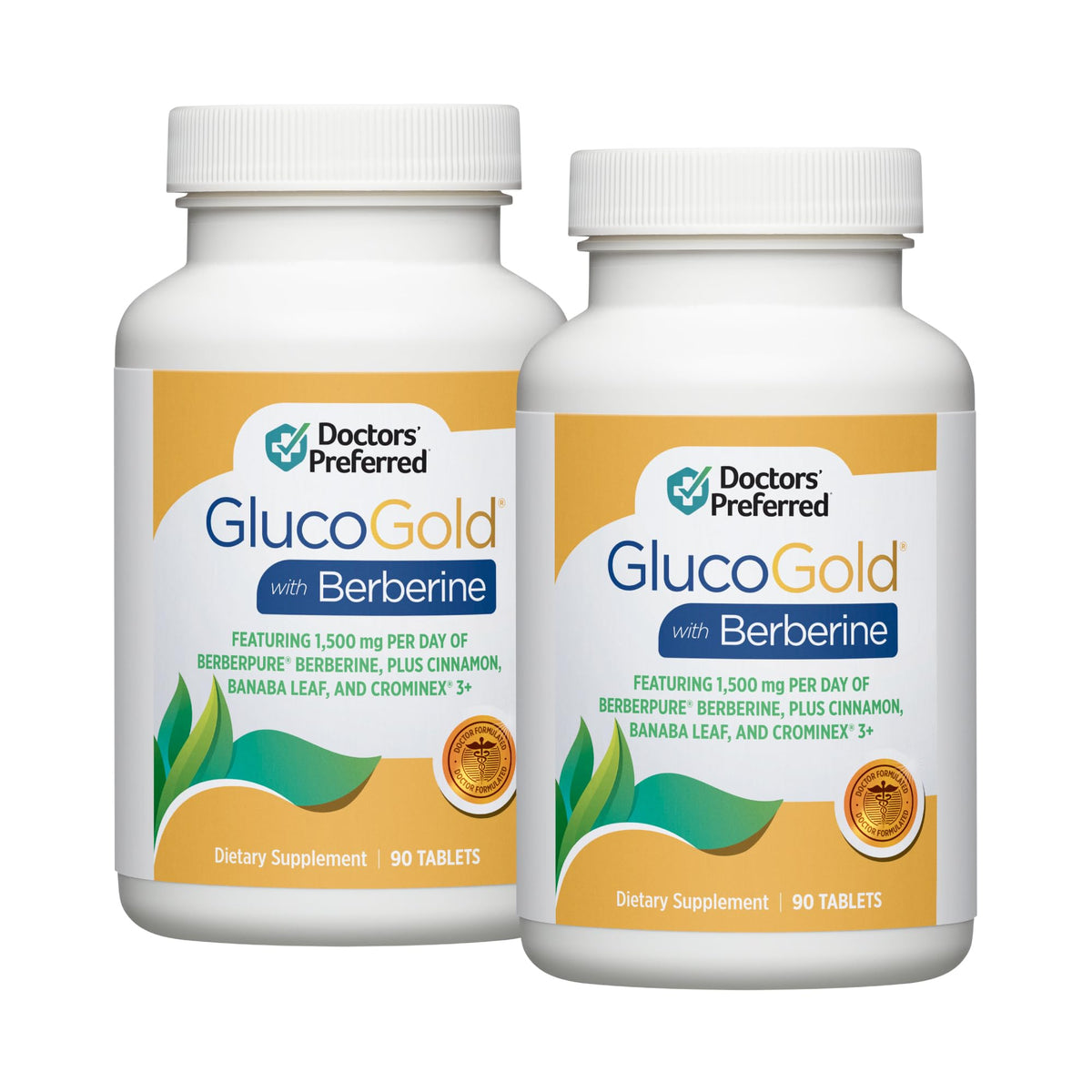 Doctors' Preferred GlucoGold bottle showing berberine formula for daily use