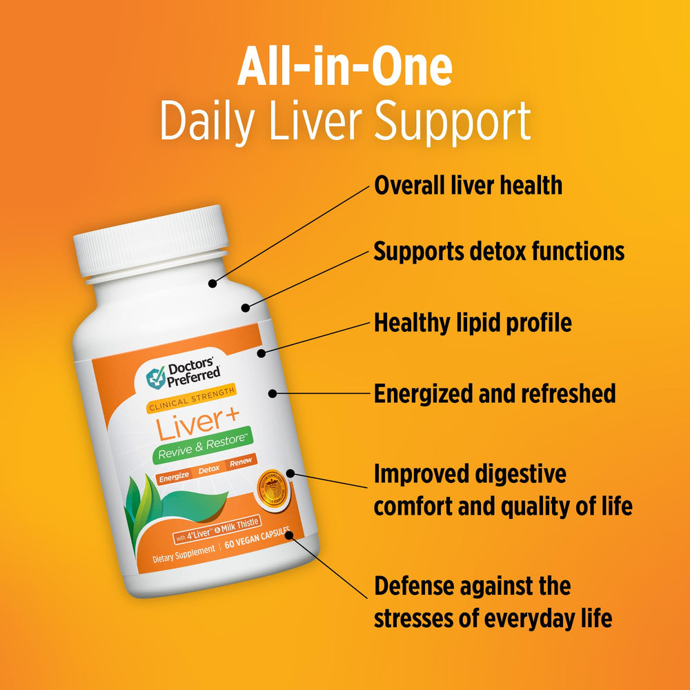 DOCTORS' PREFERRED Liver+ Revive & Restore bottle on a desk for daily routine
