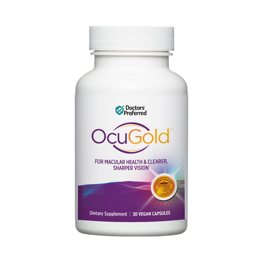 DOCTORS' PREFERRED OCUGOLD bottle front view highlighting eye support for clearer vision