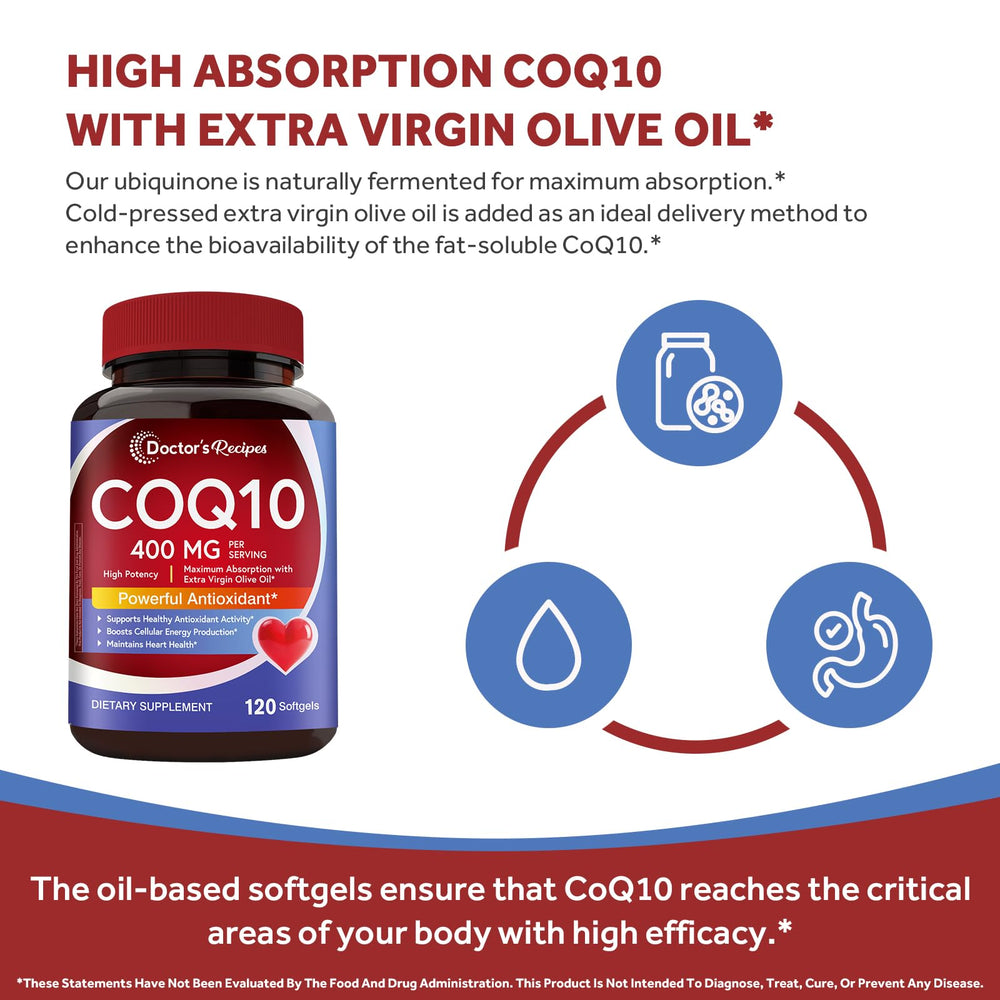 Doctor's Recipes CoQ10 made in USA badge indicates GMP-quality production.