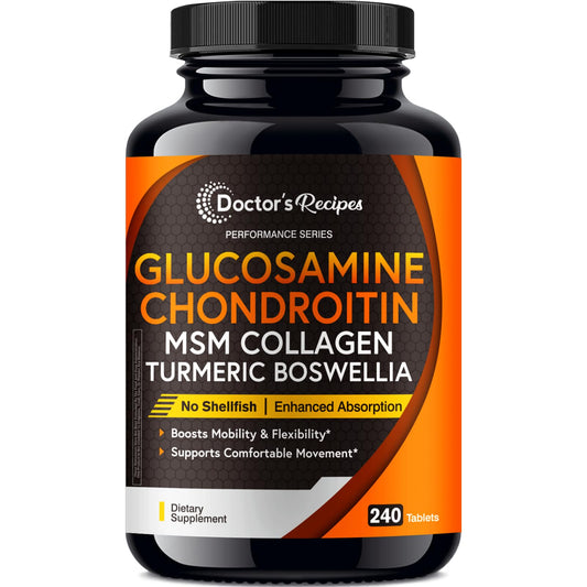 Doctor's Recipes glucosamine chondroitin msm turmeric bottle for joint support.