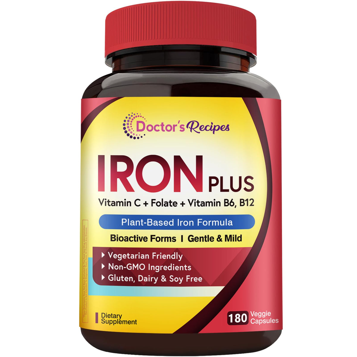 Doctor's Recipes iron supplement bottle front shows vegan, stomach-friendly daily iron support.