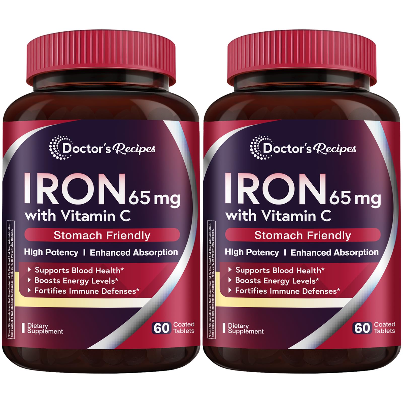 Doctor’s Recipes iron supplement bottle front showing two-pack display for daily iron support