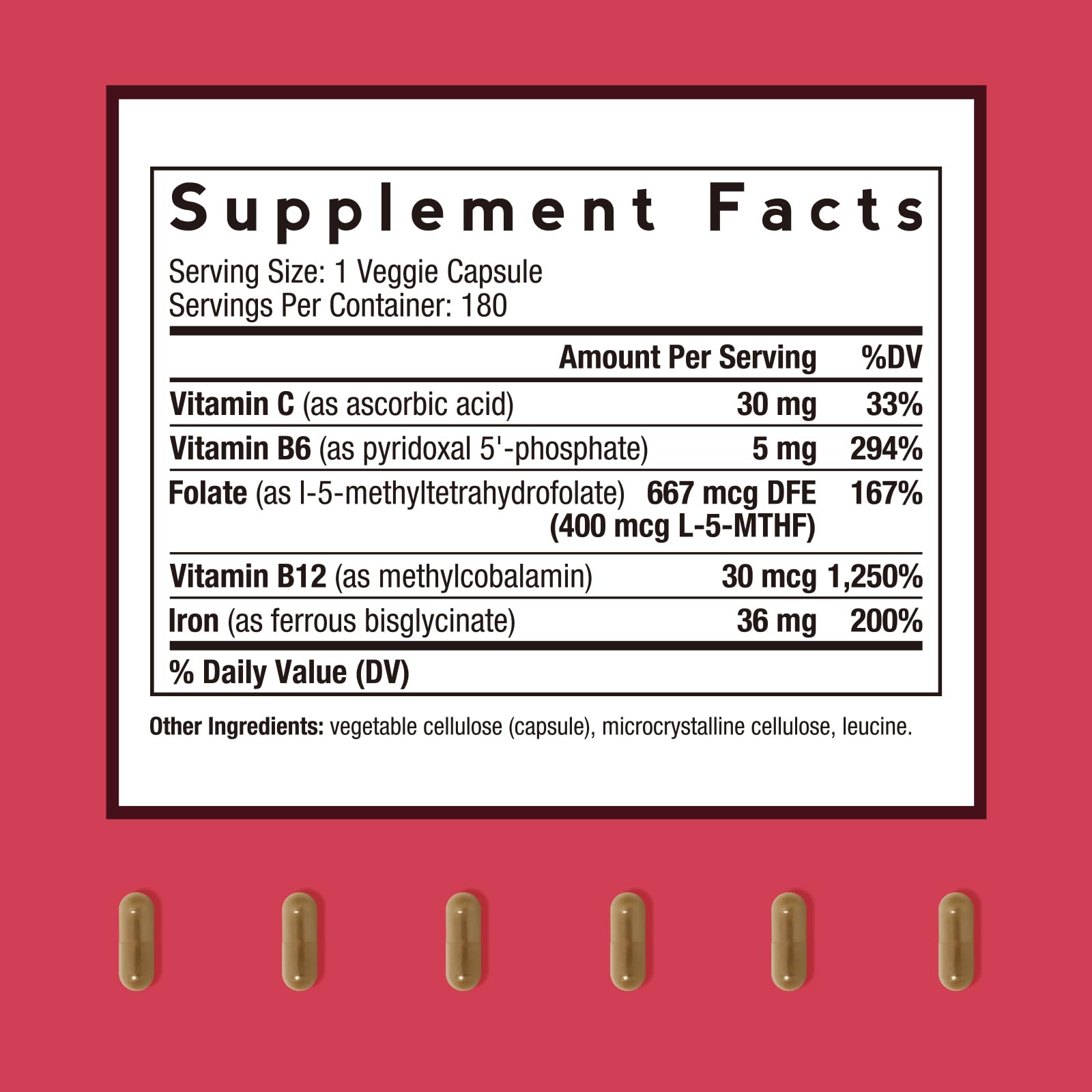Doctor's Recipes iron supplement capsules closeup highlights gentle ferrous bisglycinate.