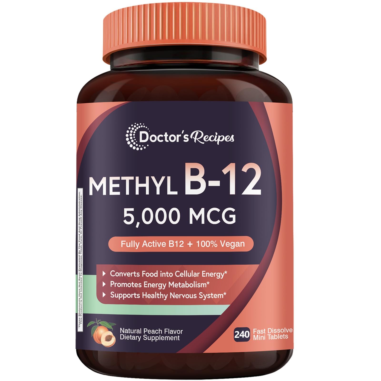 Doctor's Recipes methyl B12 peach tablet melting in mouth for quick energy support