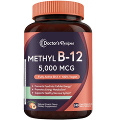 Doctor's Recipes methyl B12 peach tablet melting in mouth for quick energy support
