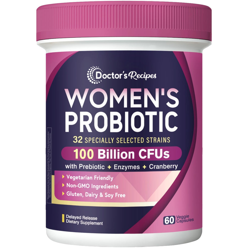 Doctor's Recipes Probiotics for Women bottle with capsules supports daily digestive balance.