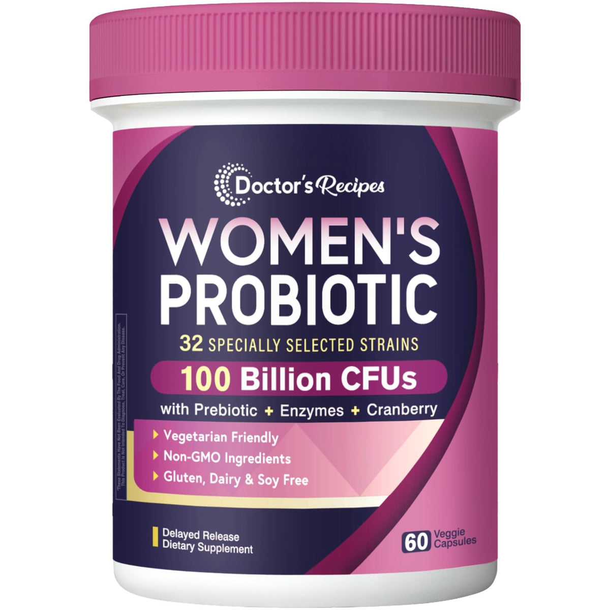 Doctor's Recipes Probiotics for Women bottle with capsules supports daily digestive balance.
