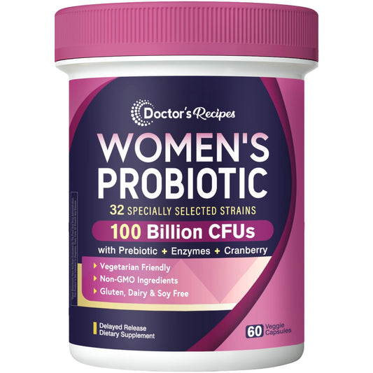 Doctor's Recipes Probiotics for Women bottle with capsules supports daily digestive balance.