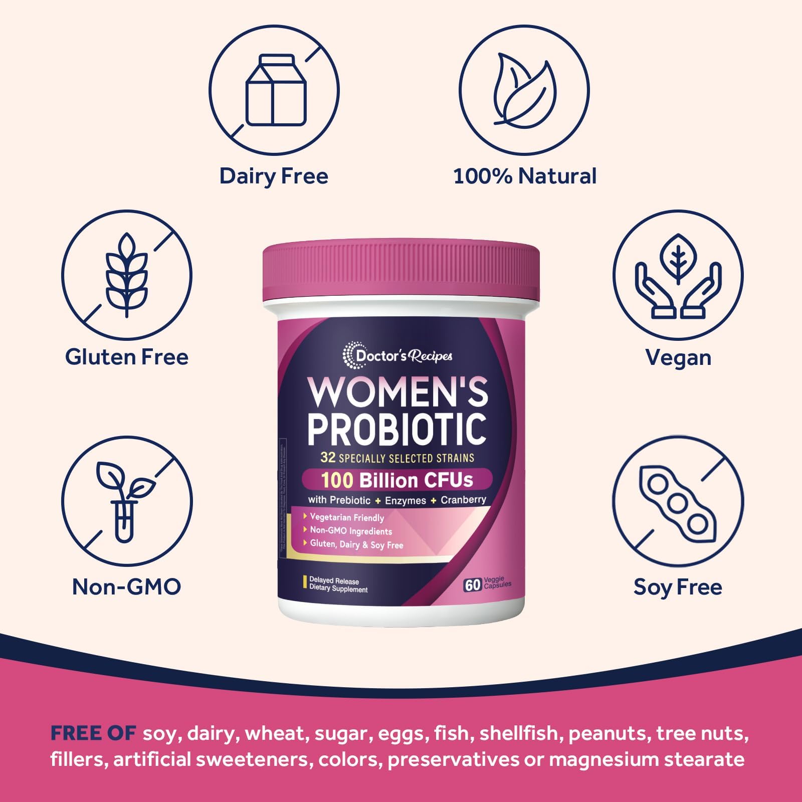 Shelf-stable packaging shows travel-friendly convenience for Doctor's Recipes Probiotics for Women.