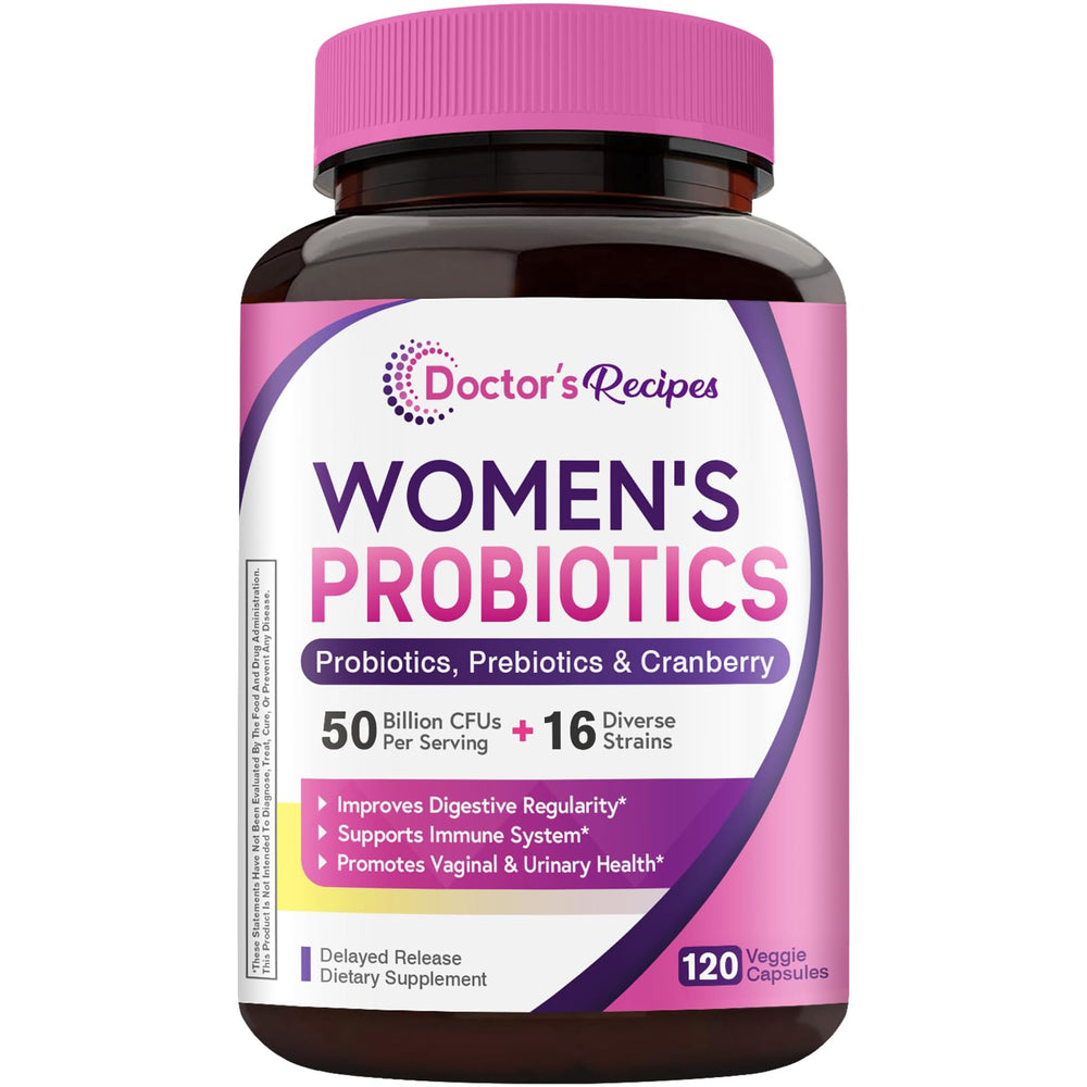 Doctor's Recipes Women's Probiotic bottle displaying 50B CFU capsules for daily use
