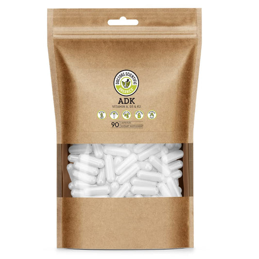 Doctors Scientific DSO ADK bottle front – vegan capsules for potential bone and heart health support.