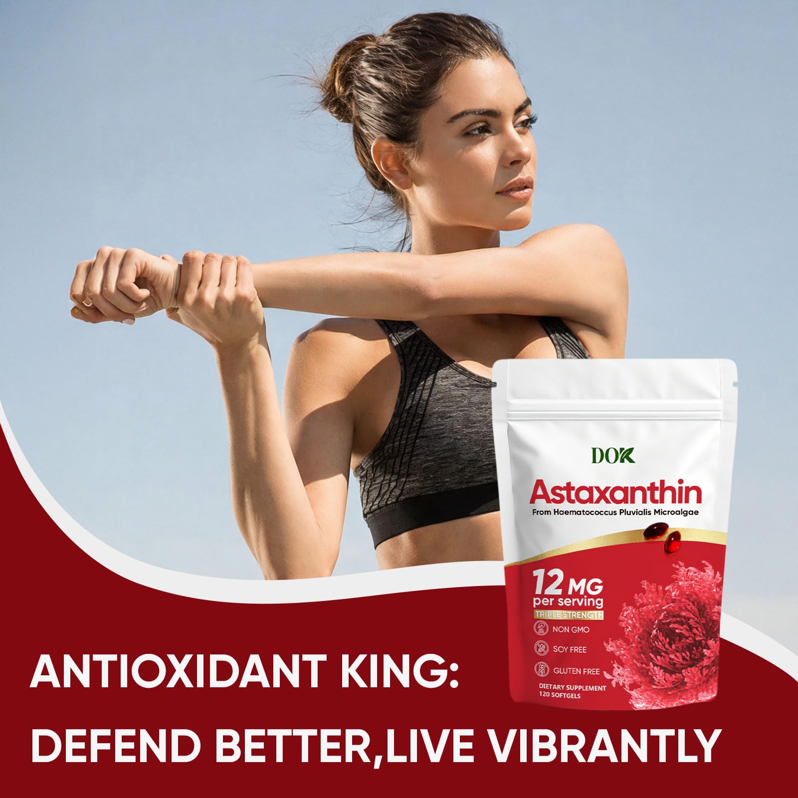 DOK astaxanthin 12mg benefits for eyes, joints, and skin in lifestyle setting