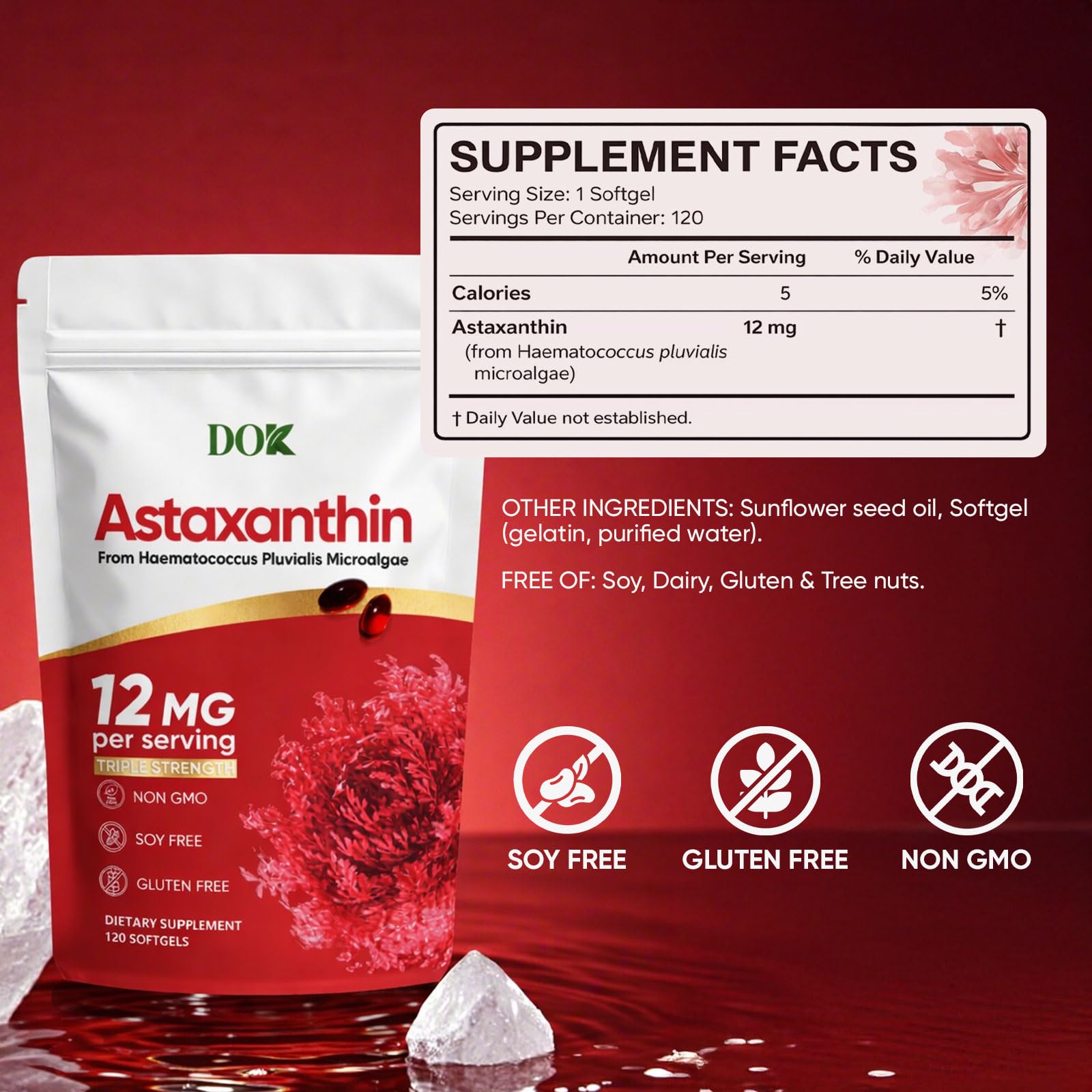 DOK astaxanthin bottle label featuring gluten-free and non-GMO attributes