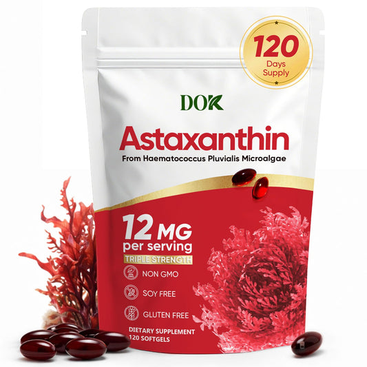 DOK astaxanthin 12mg softgels bottle displaying high-potency antioxidant support