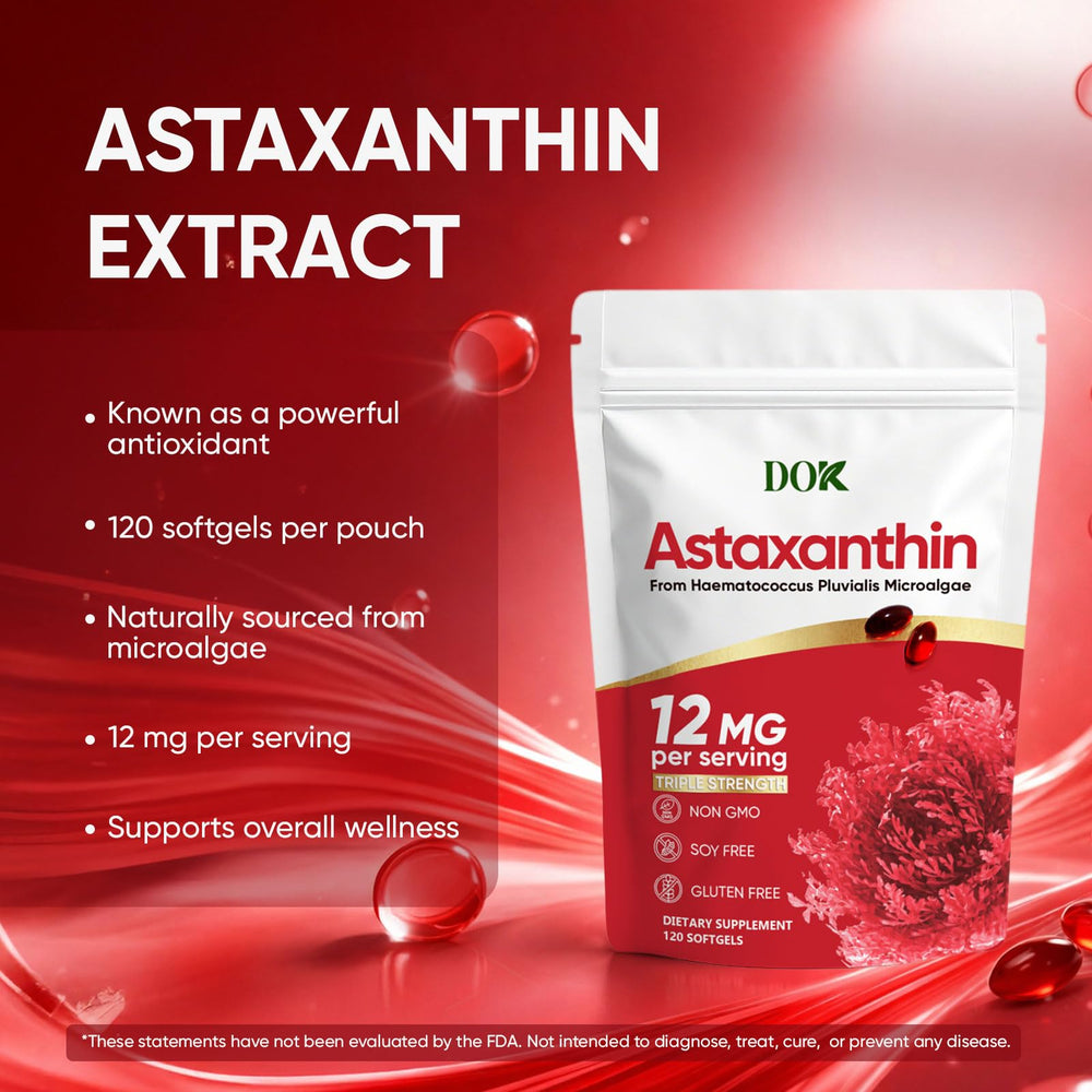 DOK astaxanthin 12mg softgels close-up highlighting capsule texture and potency