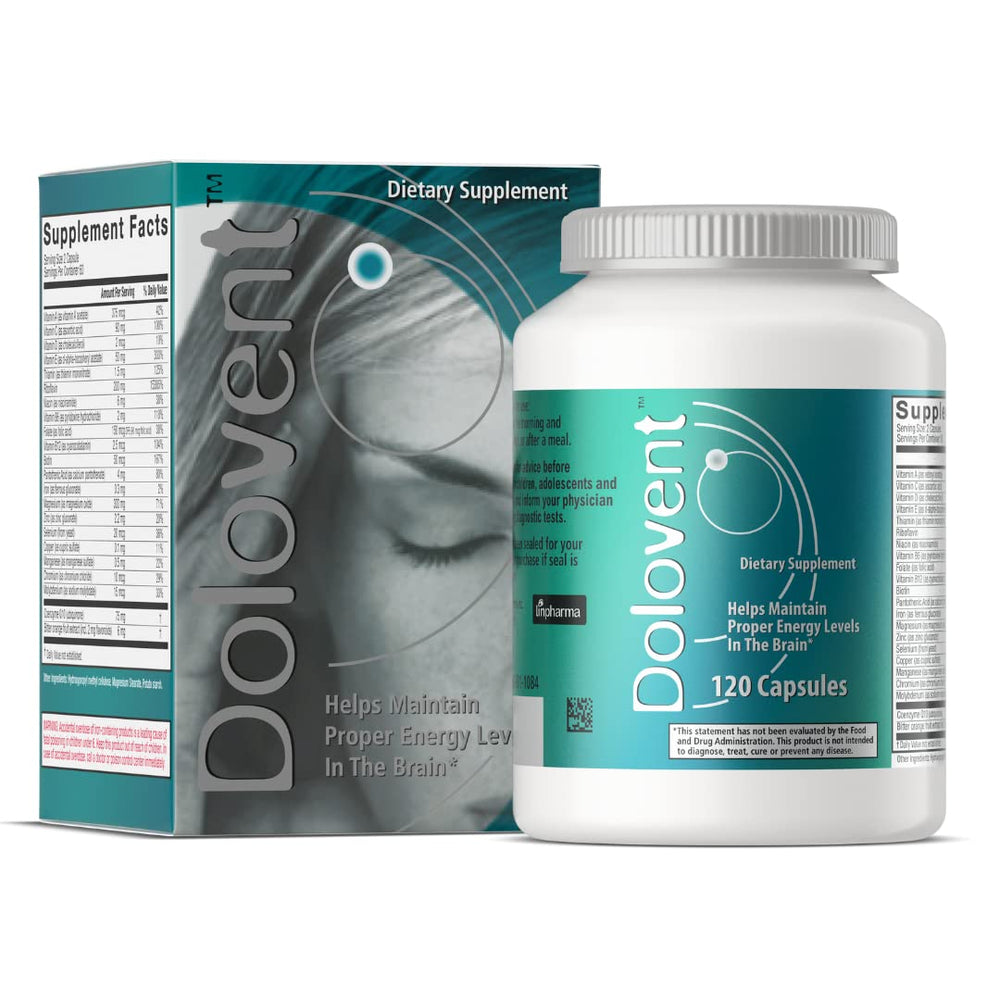 Dolovent migraine relief bottle with capsules for daily use and potential support.