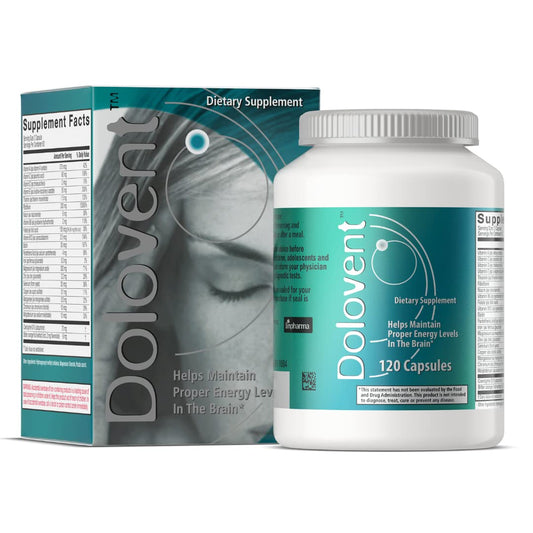 Dolovent migraine relief bottle with capsules for daily use and potential support.