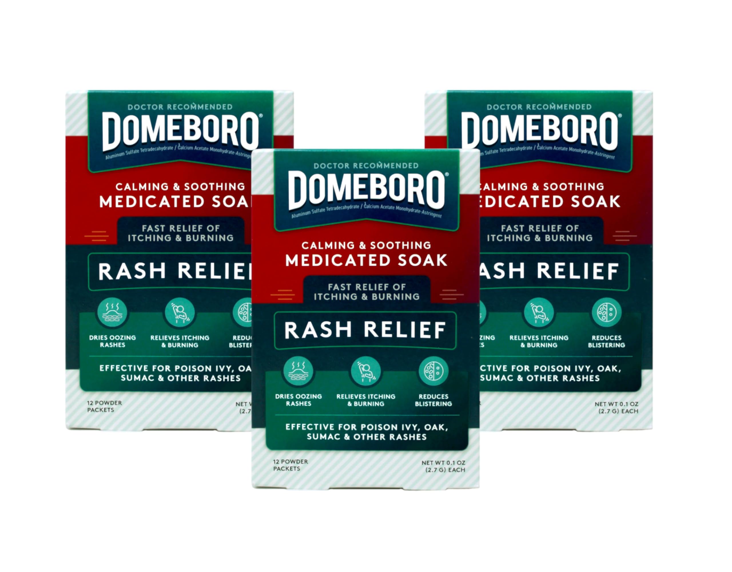 Domeboro Soothing Soak Powder Packets in box for convenient rash relief