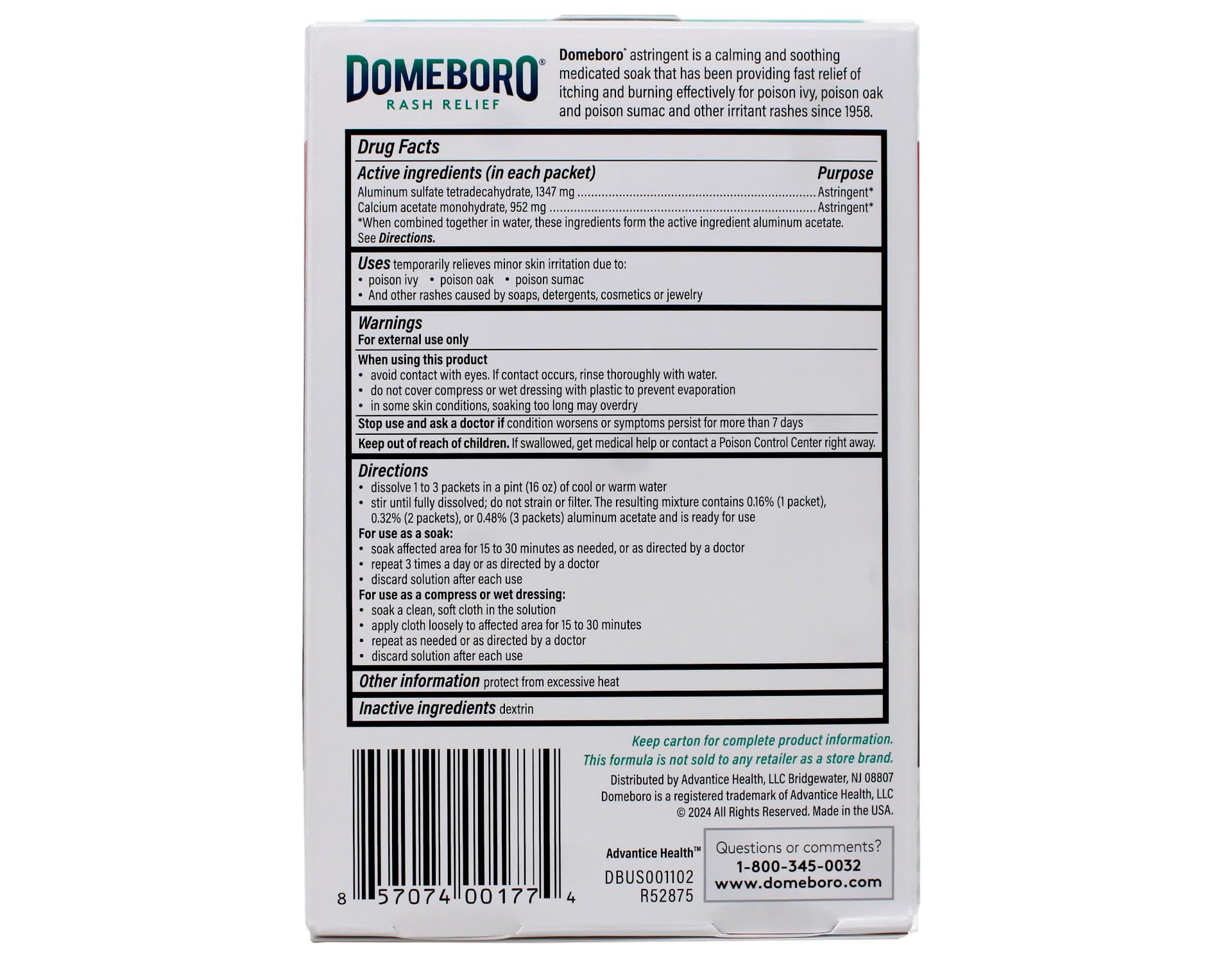 Closeup of the Domeboro label on the powder packets for dermatitis care