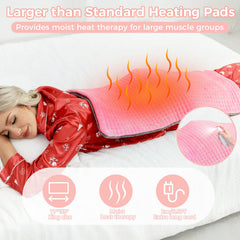 Domigard heating pad demonstrates back and neck use for tension relief.